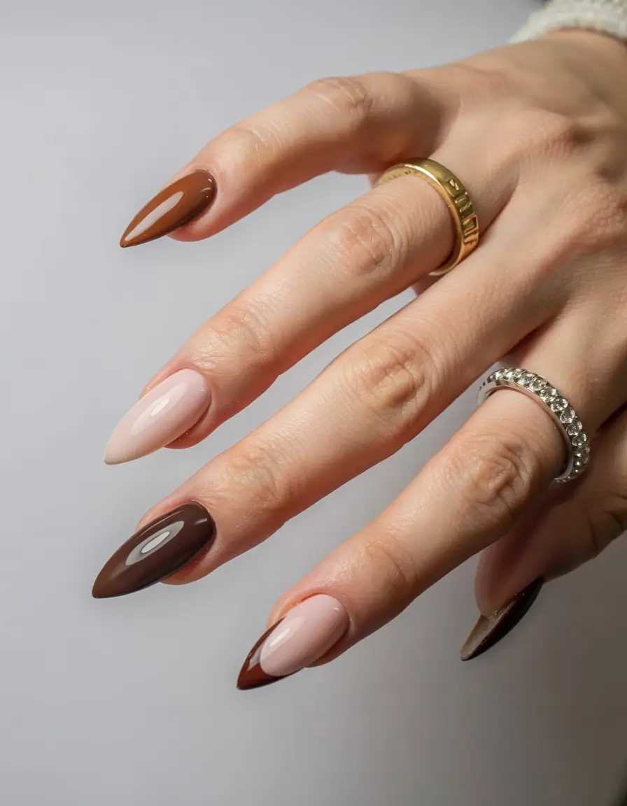 brown fall nails 2025 Playful Dual-Tone Elegance