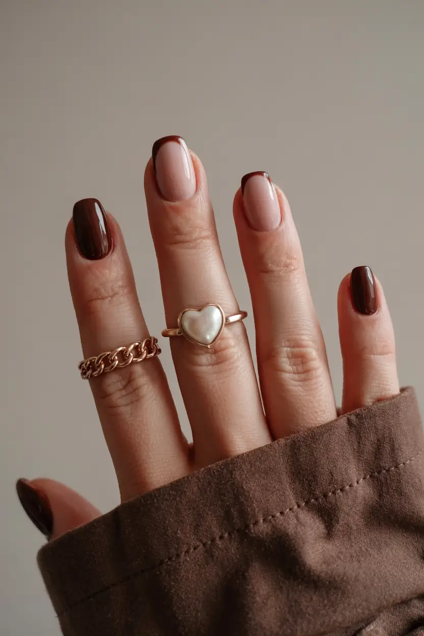 brown fall nails 2025 Modern French Contrast