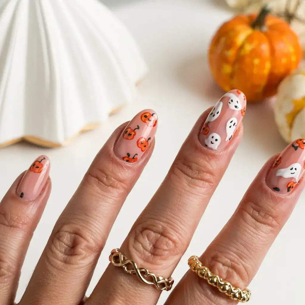 cute and fun fall nails 2025 Mini Pumpkins and Boo Buddies All Over
