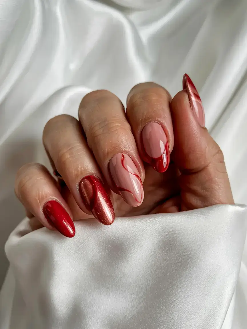 cute and fun fall nails 2025 Molten Red Marble With Fall Sparkle