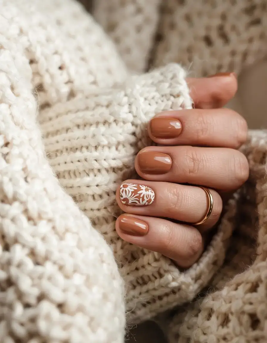 cute and fun fall nails 2025 Caramel Cream With Subtle Florals