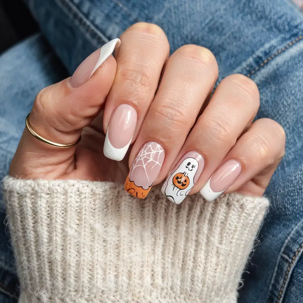 cute and fun fall nails 2025 Sweet Spooky French With Ghostly Charms