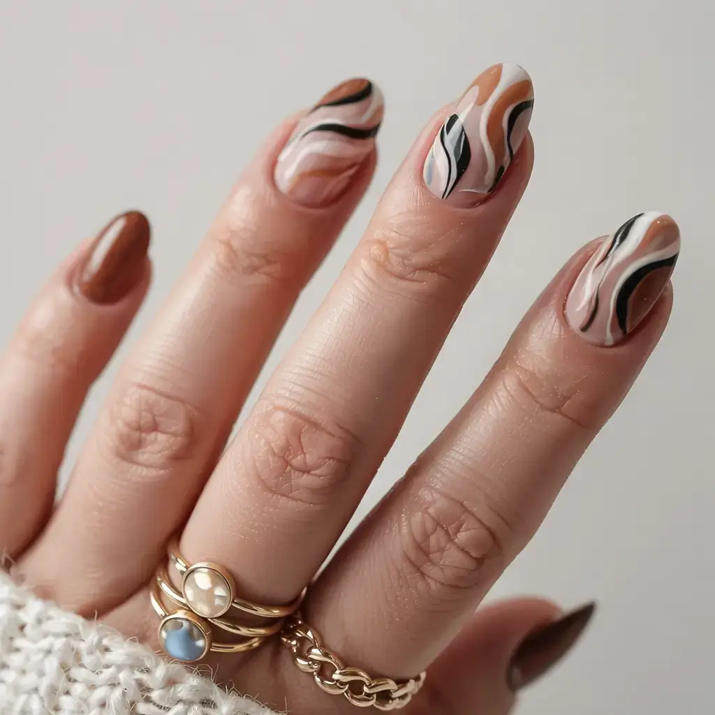 cute and fun fall nails 2025 Marbled Mocha Swirls