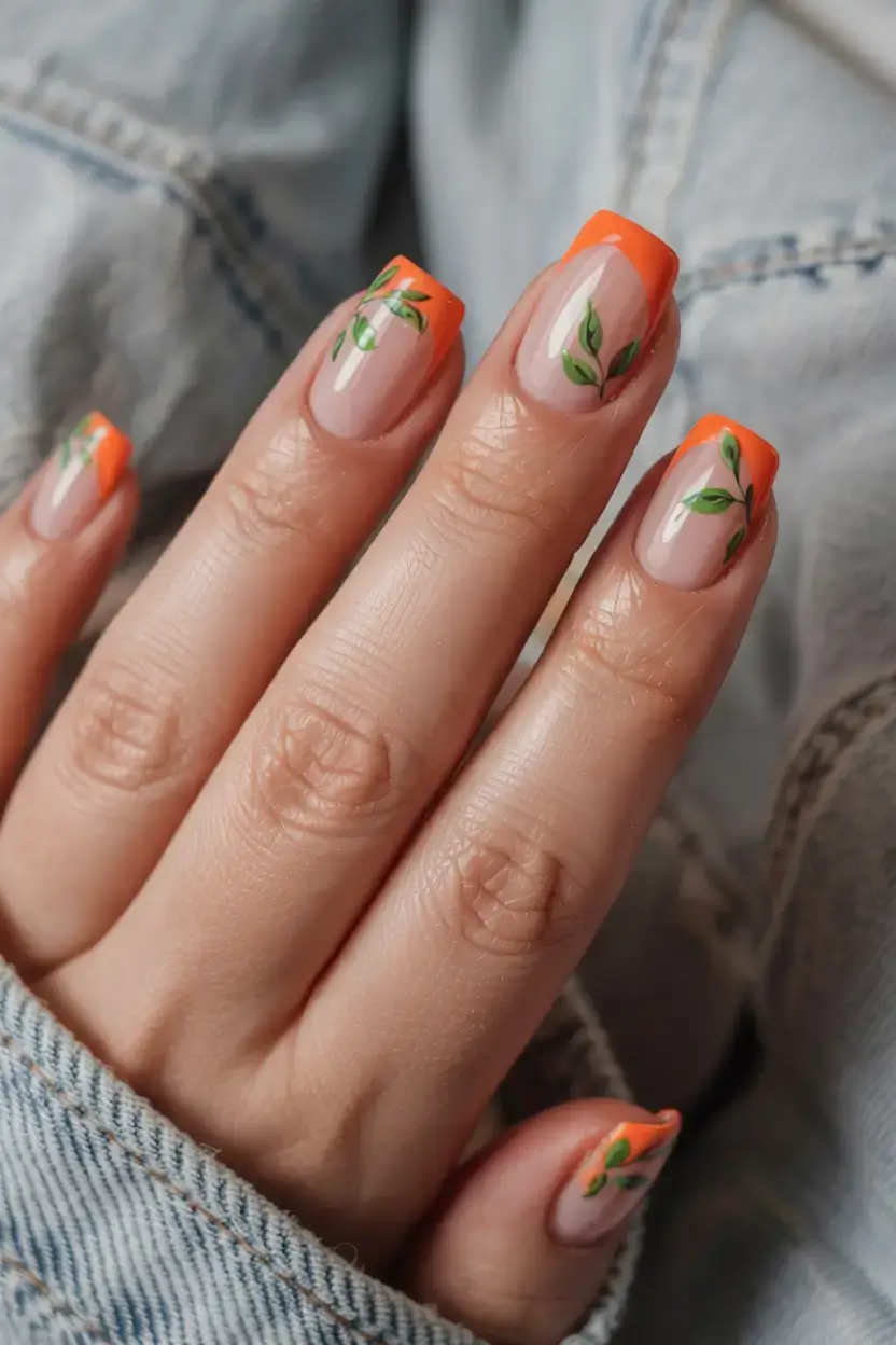 cute and fun fall nails 2025 Harvest French With Leafy Vibes