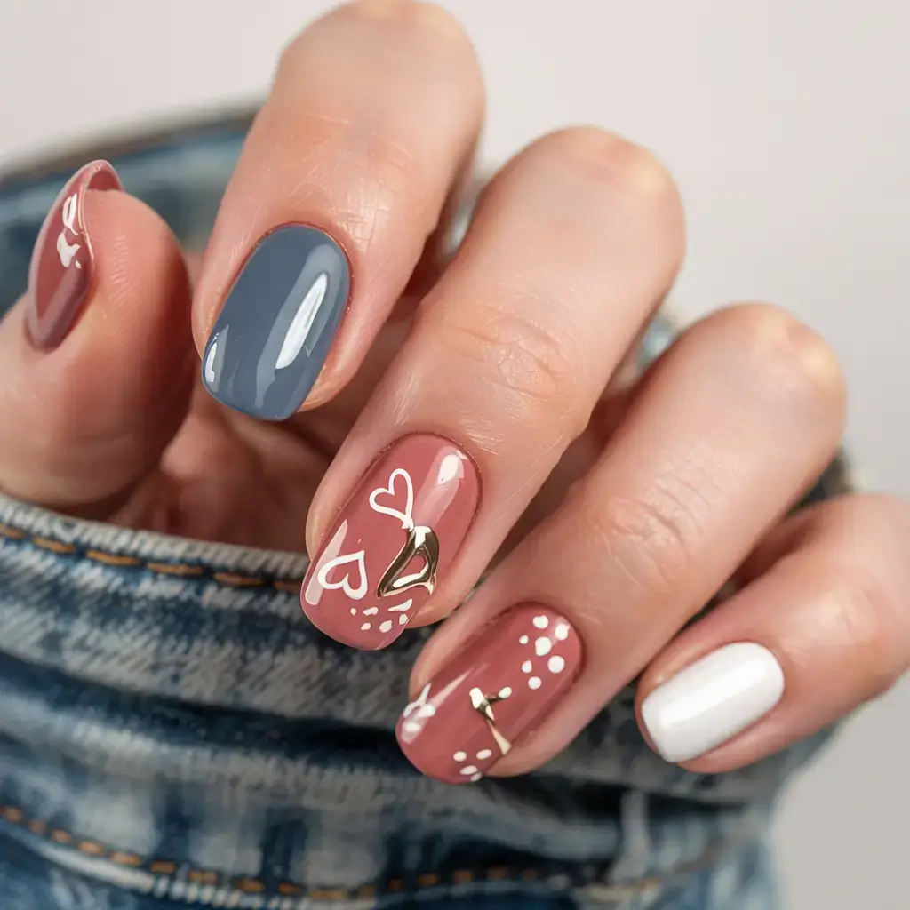 cute and fun fall nails 2025 Blush Meets Denim in Doodles and Hearts