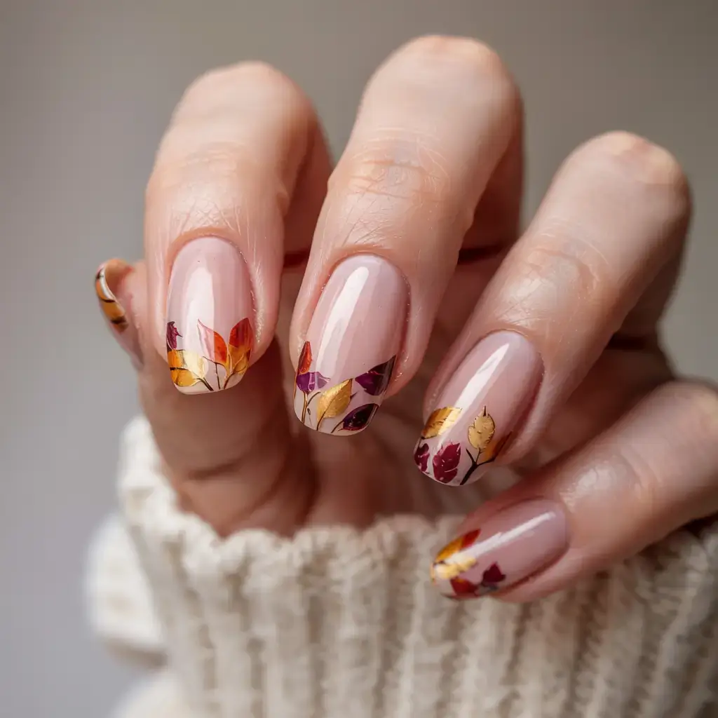 cute and fun fall nails 2025 Golden Leaf Tips on a Nude Base