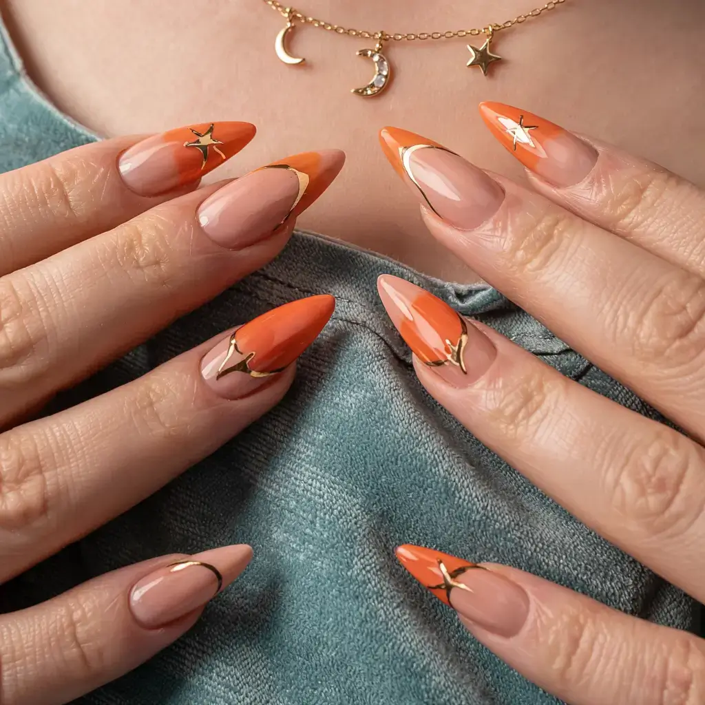 cute and fun fall nails 2025 Golden Star Charms on Spiced Almonds