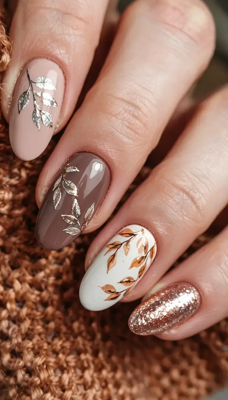cute and fun fall nails 2025 Bronze Leaves and Smoky Shine