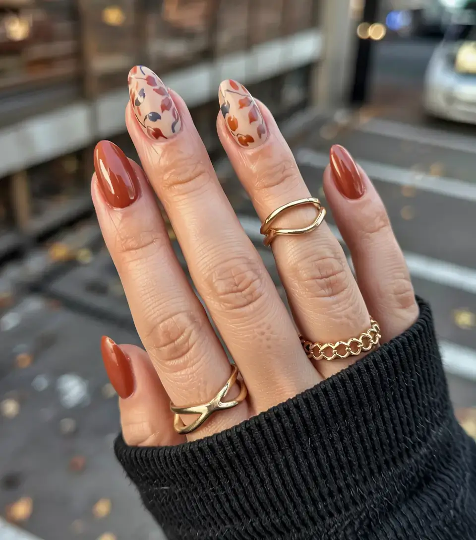 cute and fun fall nails 2025 Burnt Sienna Meets Abstract Autumn Leaves