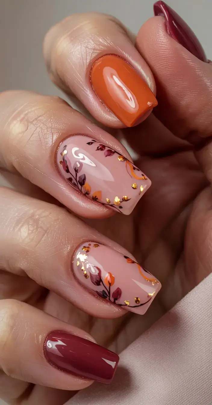 cute and fun fall nails 2025 Gold-Leaf Fall Florals on a Nude Canvas