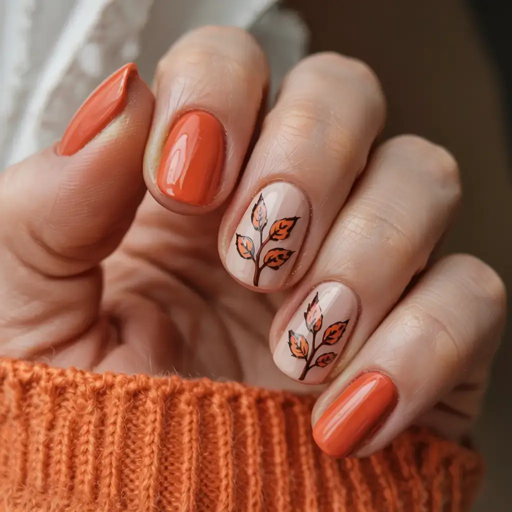 cute and fun fall nails 2025 Mini Maple Leaf Vibes in Sunset Orange