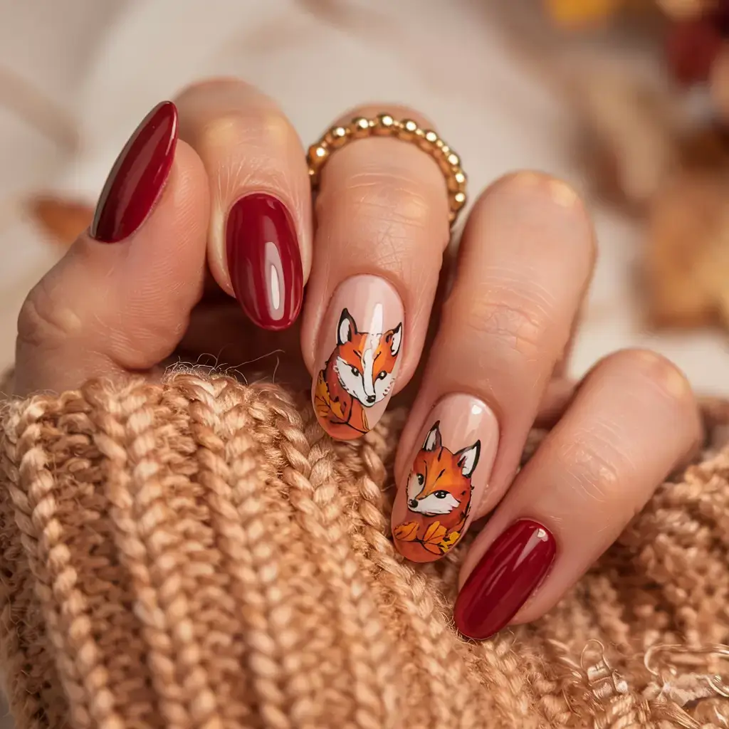 cute and fun fall nails 2025 Woodland Fox Fantasy in Rust Red