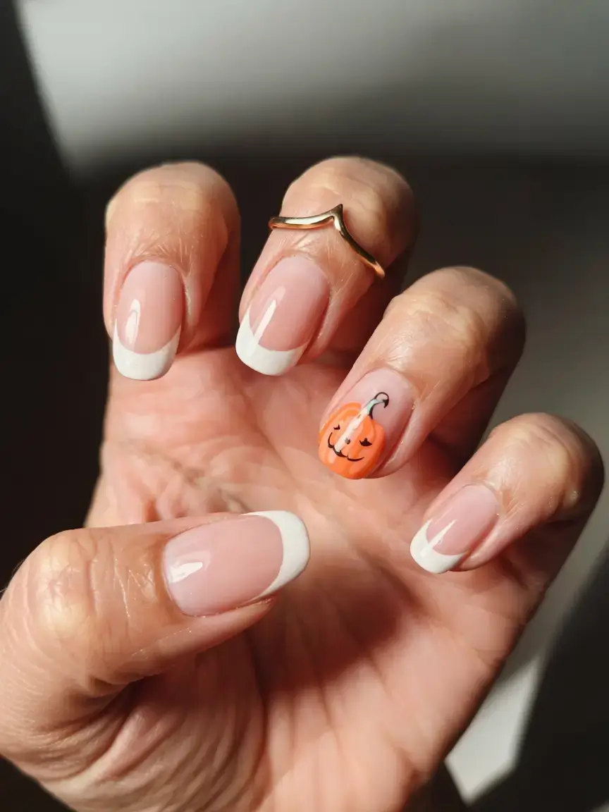 cute and fun fall nails 2025 Classic French with a Pumpkin Pop
