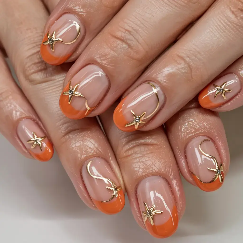 cute and fun fall nails 2025 Golden Swirl Glam Meets Fall Citrus