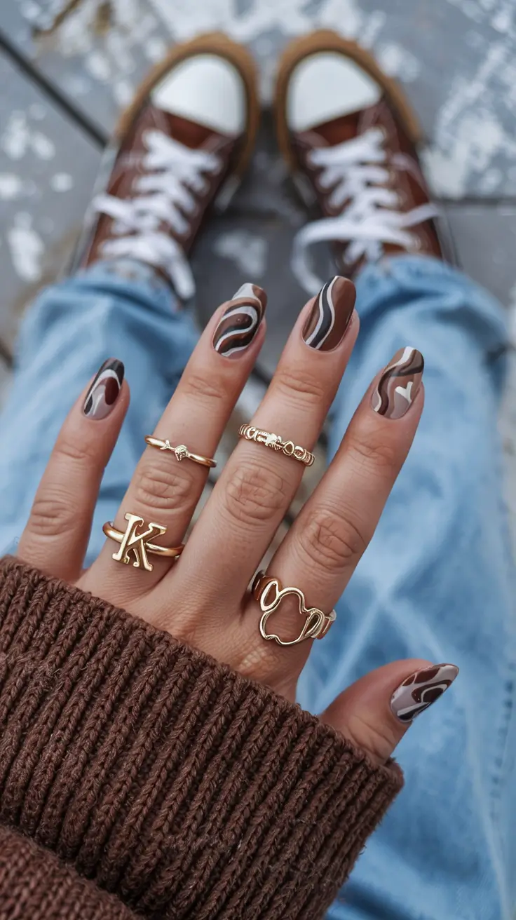 easy fall nails 2025 Retro Mocha Swirls