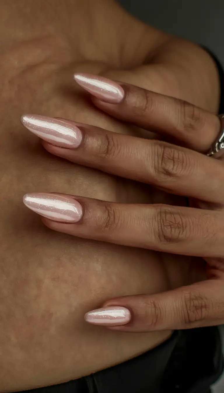 fall 2025 nail color ideas for women over 40 Pearly Pink Shimmer