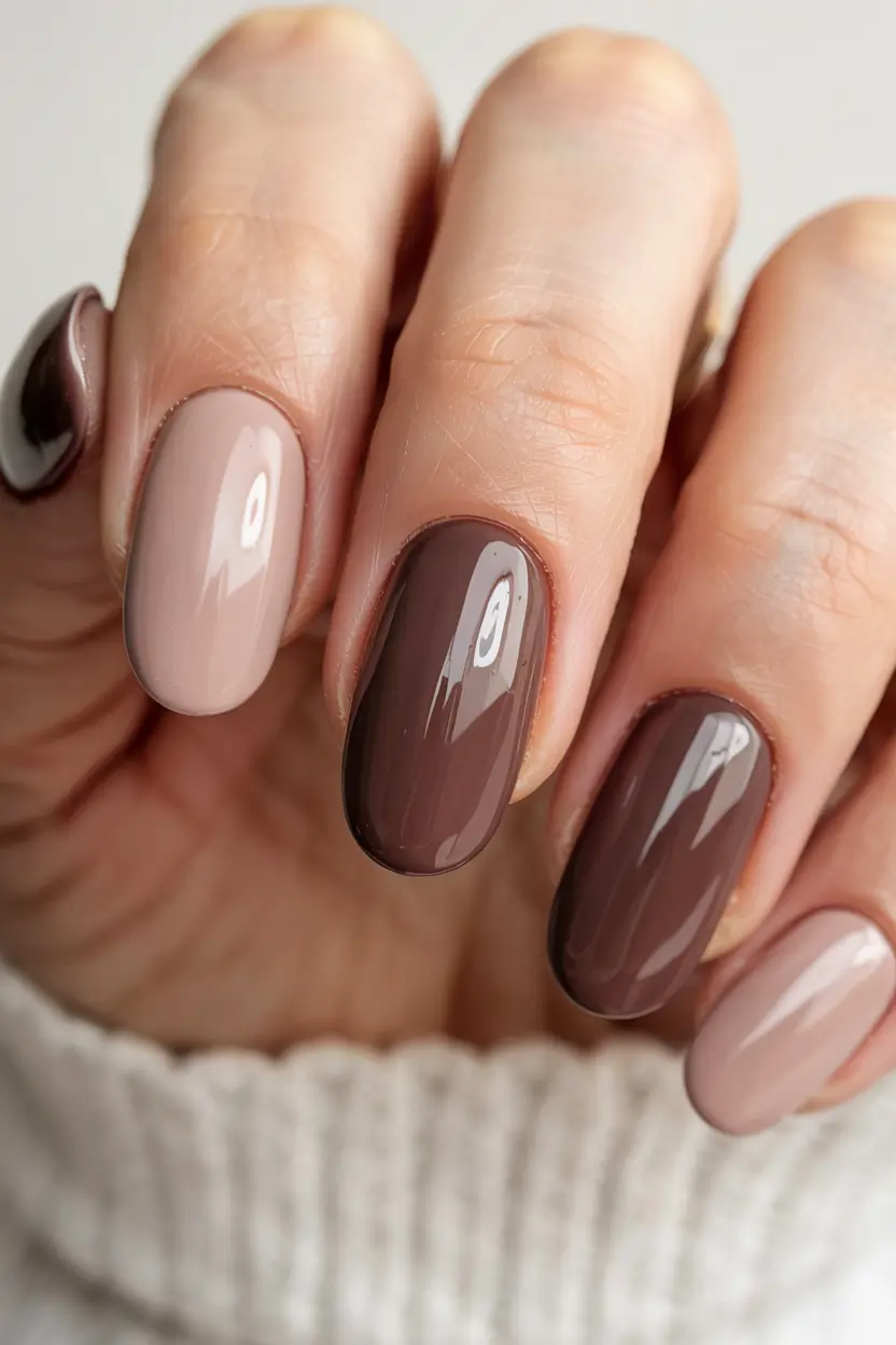 fall 2025 nail color ideas for women over 50 Chocolate & Cream Duo