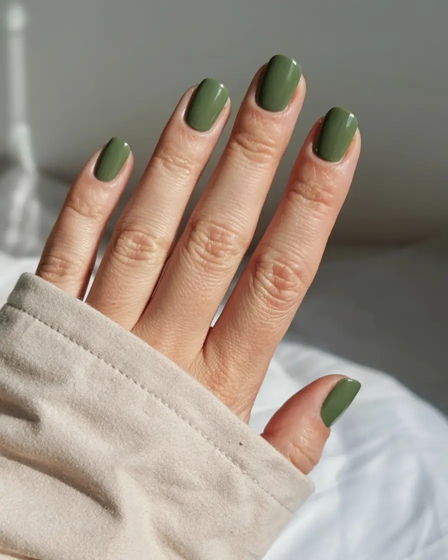fall 2025 nail color ideas for women over 50 Olive Green Sophistication