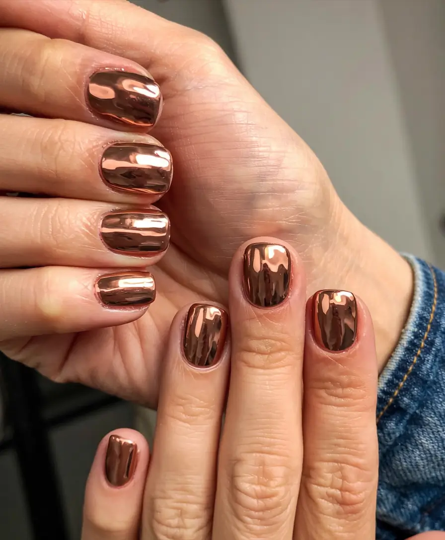 fall 2025 nail color ideas for women over 50 Copper Chrome Shine