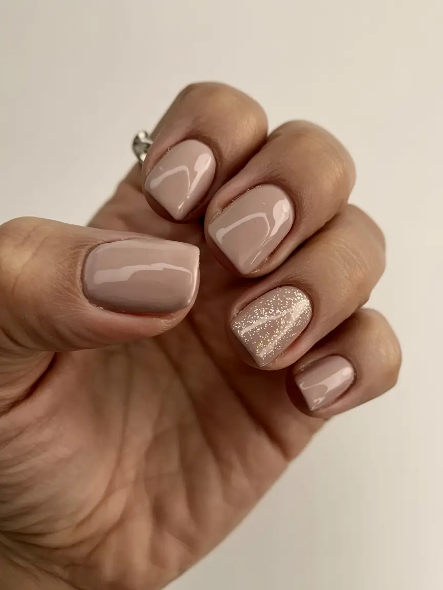 fall 2025 nail color ideas for women over 50 Neutral Nude with a Hint of Sparkle