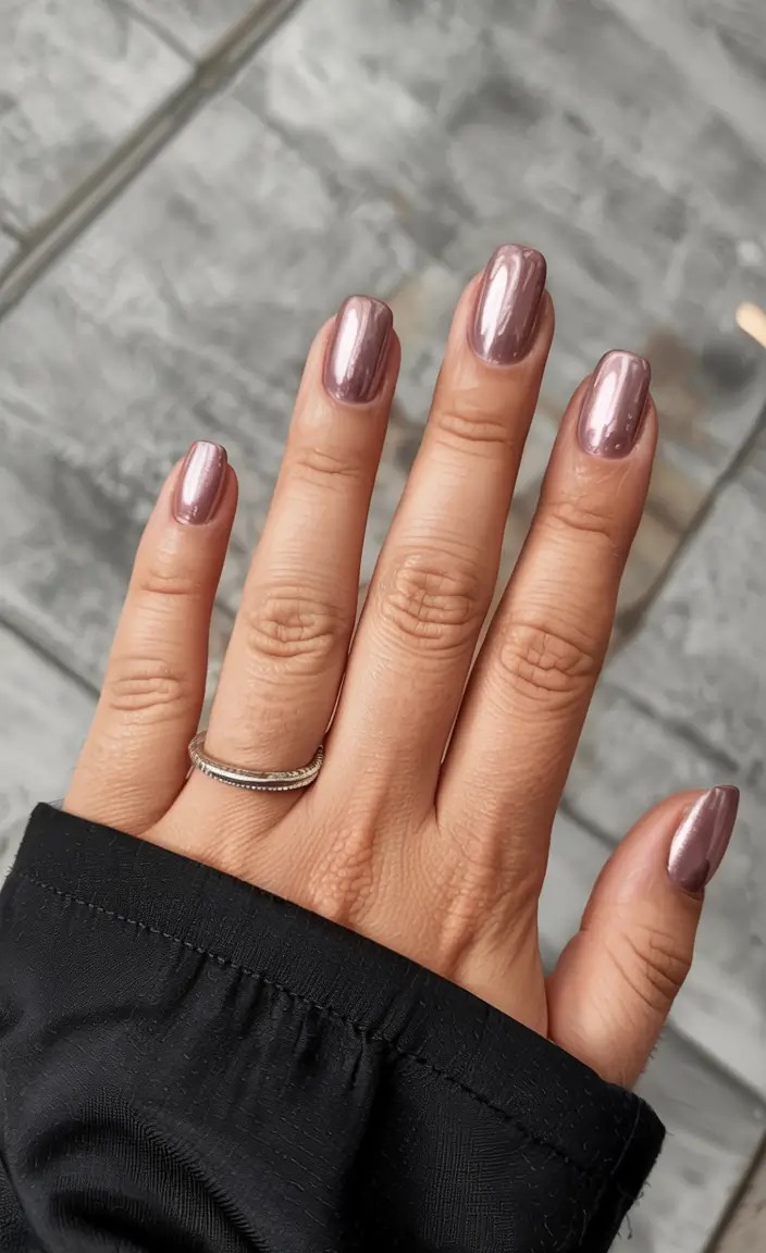 fall 2025 nail color ideas for women over 60 Metallic Rose Shimmer