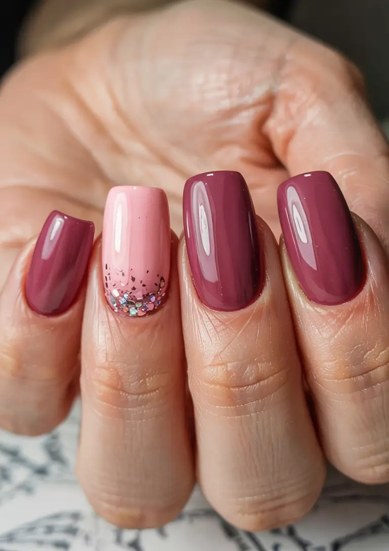 fall 2025 nail color ideas for women over 60 Berry Tones with Playful Glitter