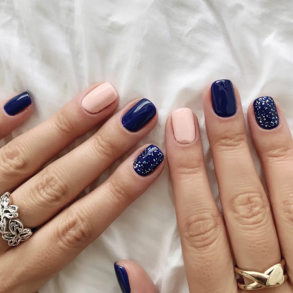fall 2025 nail color ideas for women over 60 Classic Navy and Nude Combo