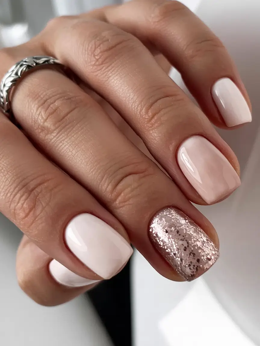 fall 2025 nail color ideas for women over 60 Soft White with a Glitter Accent