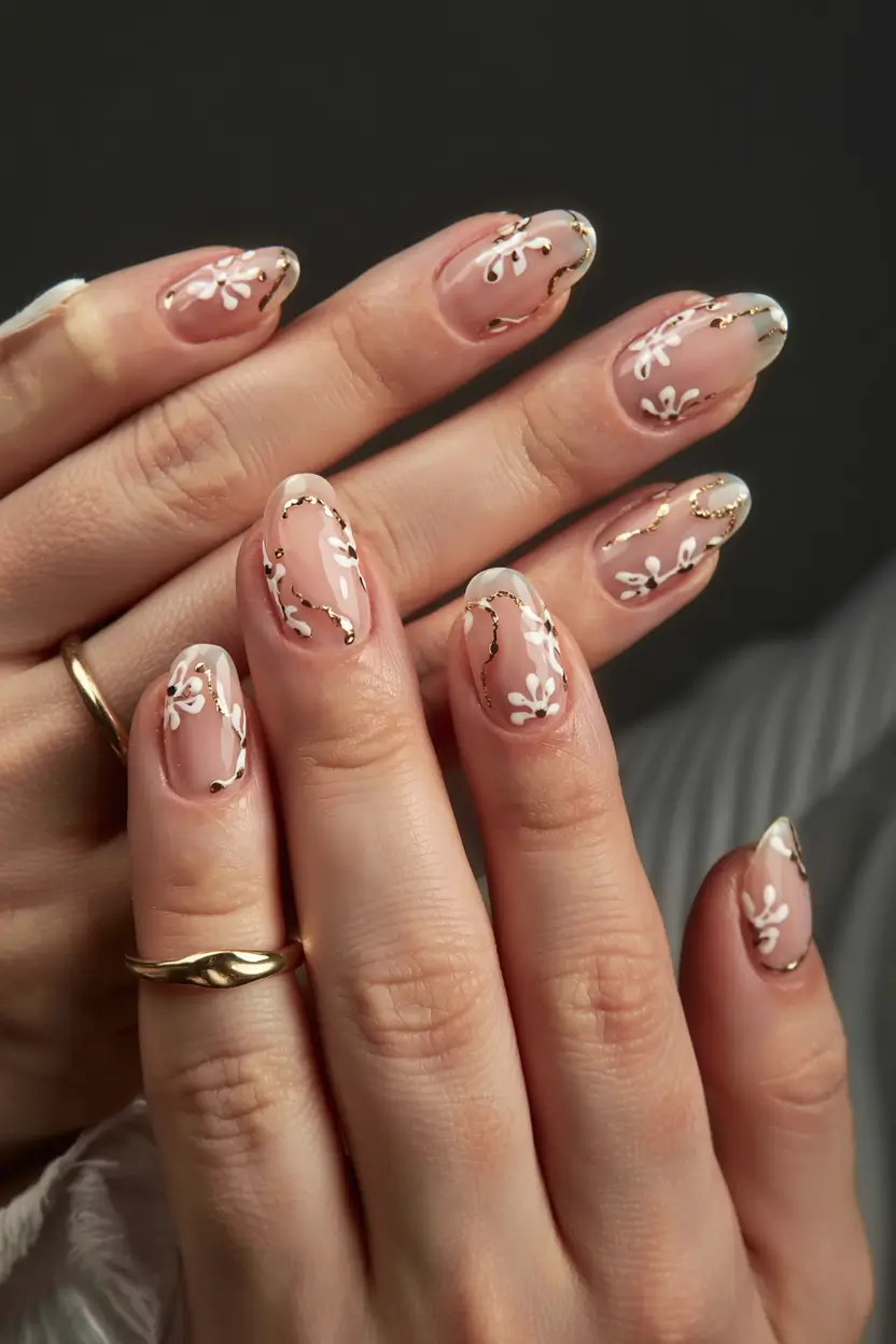 fall 2025 nail trends Delicate Floral with Gold Accents