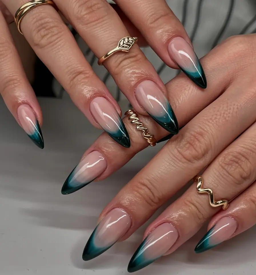 fall 2025 nail trends Teal Ombre French Tips