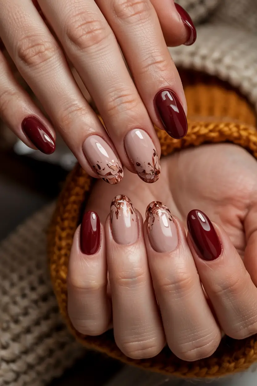 fall 2025 nail trends Burgundy With Copper Foil