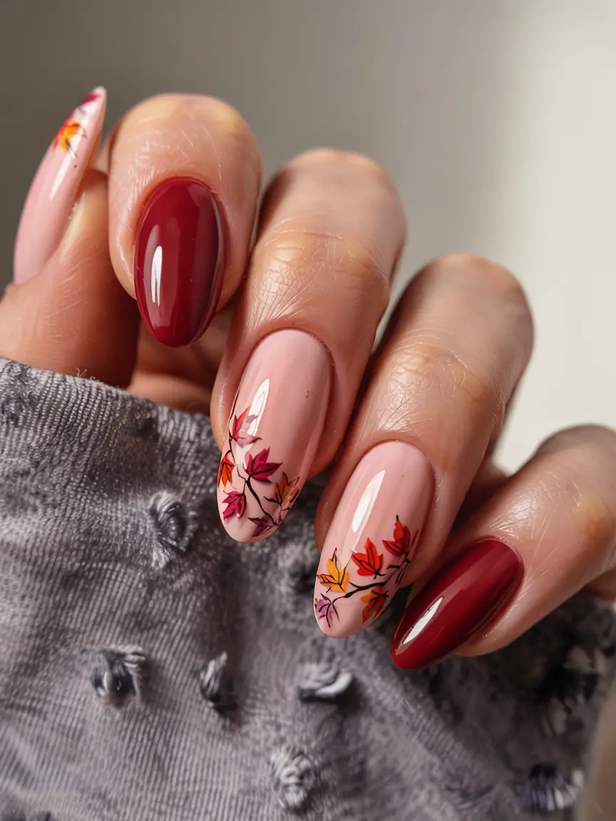 fall 2025 nail trends Autumn Leaves Accent Art