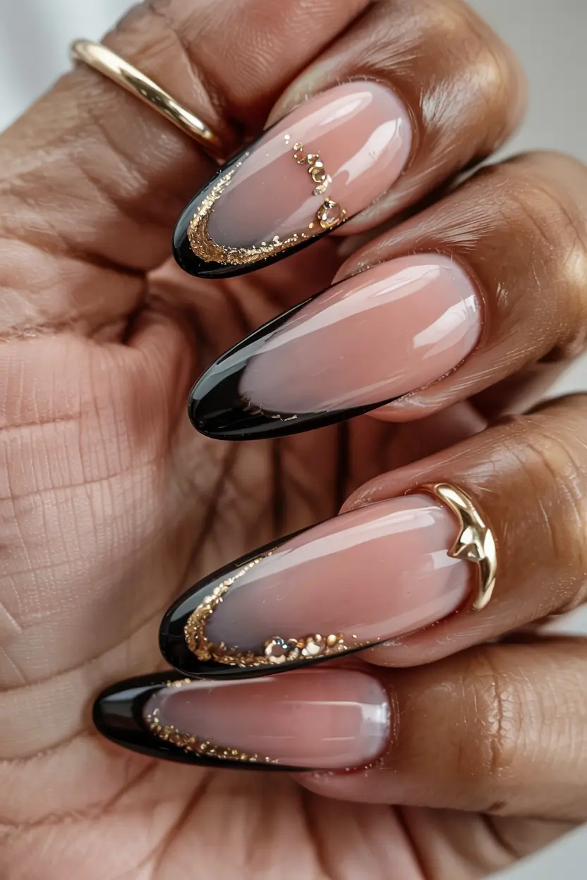 fall 2025 nail trends Black French With Gold Details