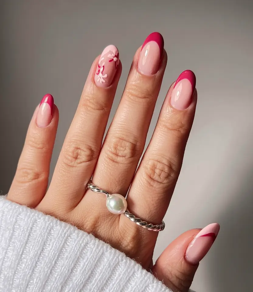 fall 2025 nail trends Pink French With Floral Twist