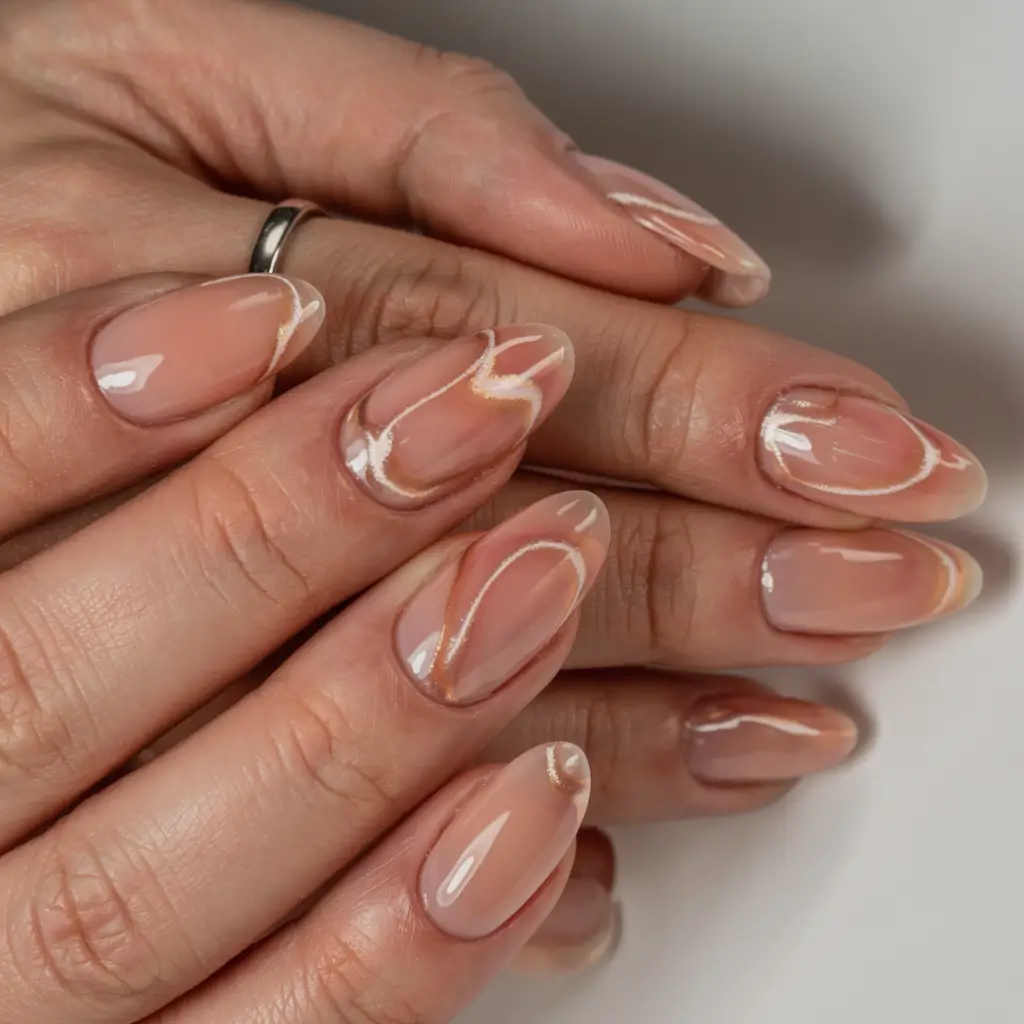 fall 2025 nail trends Golden-Toned Marble Elegance