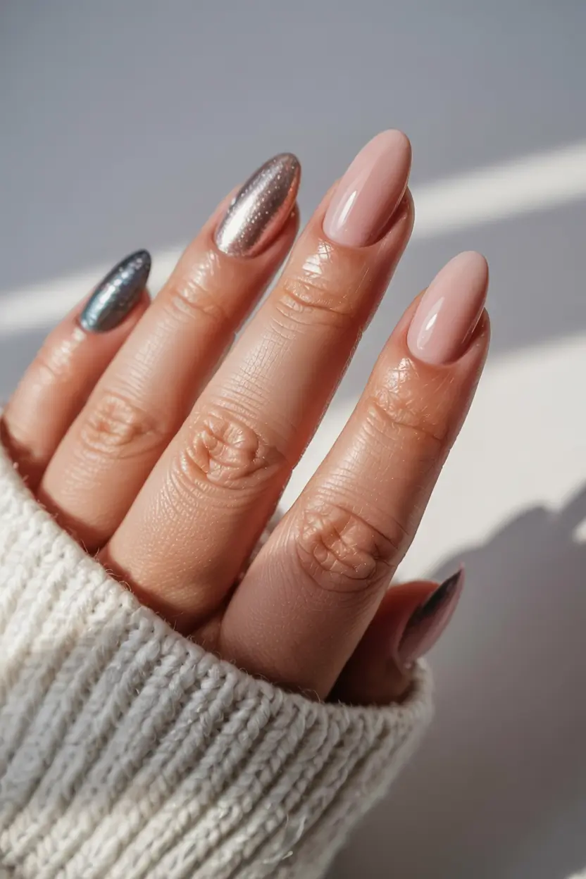fall 2025 nail trends Chrome Meets Nude