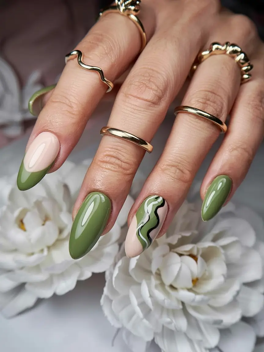fall 2025 nail trends Olive Green with Artistic Accents
