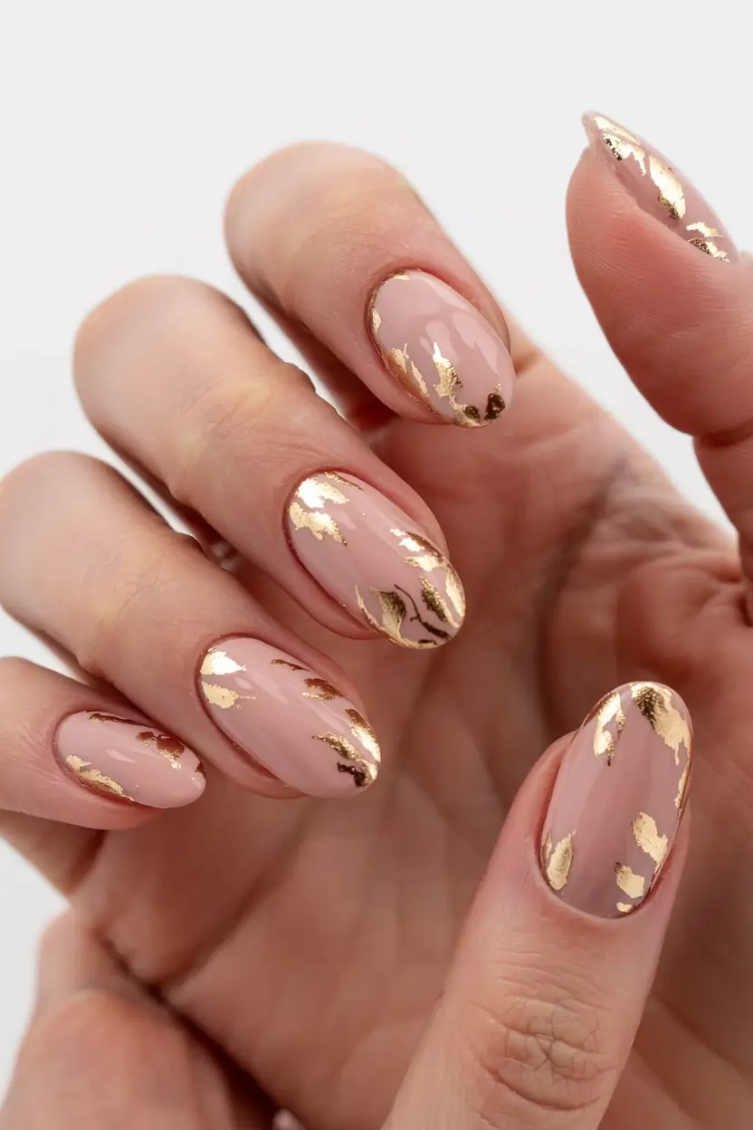 fall 2025 nail trends Gold Foil on Blush Nude
