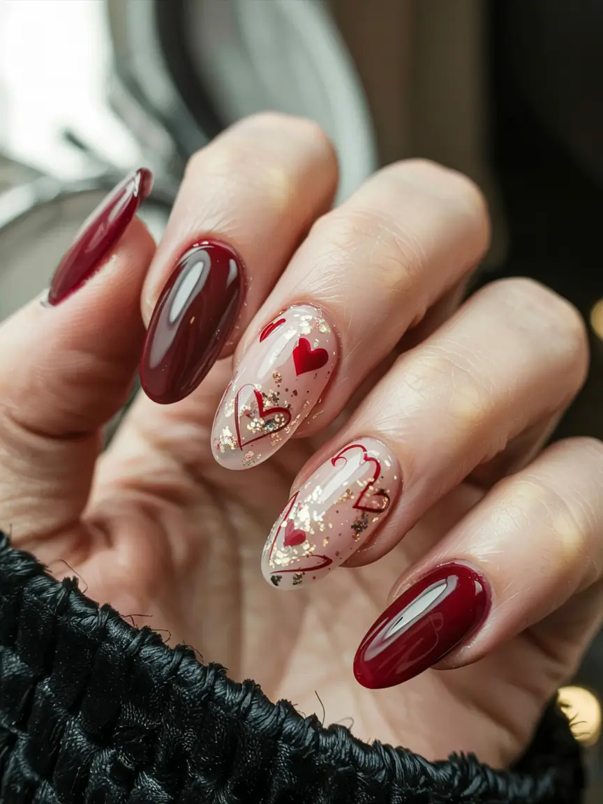 fall 2025 nail trends Romantic Hearts With Glitter