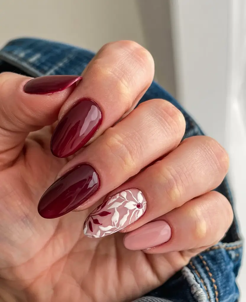 fall 2025 nail trends Floral Accent on Deep Burgundy