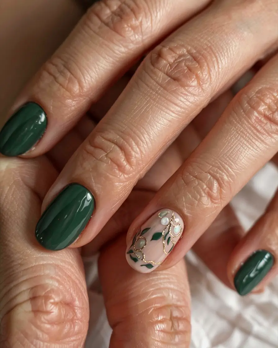 fall 2025 nail trends Emerald Green With Leafy Detailing