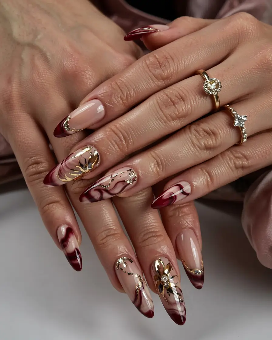 fall 3d nail art 2025 Wine Smoke & Gilded Leaves