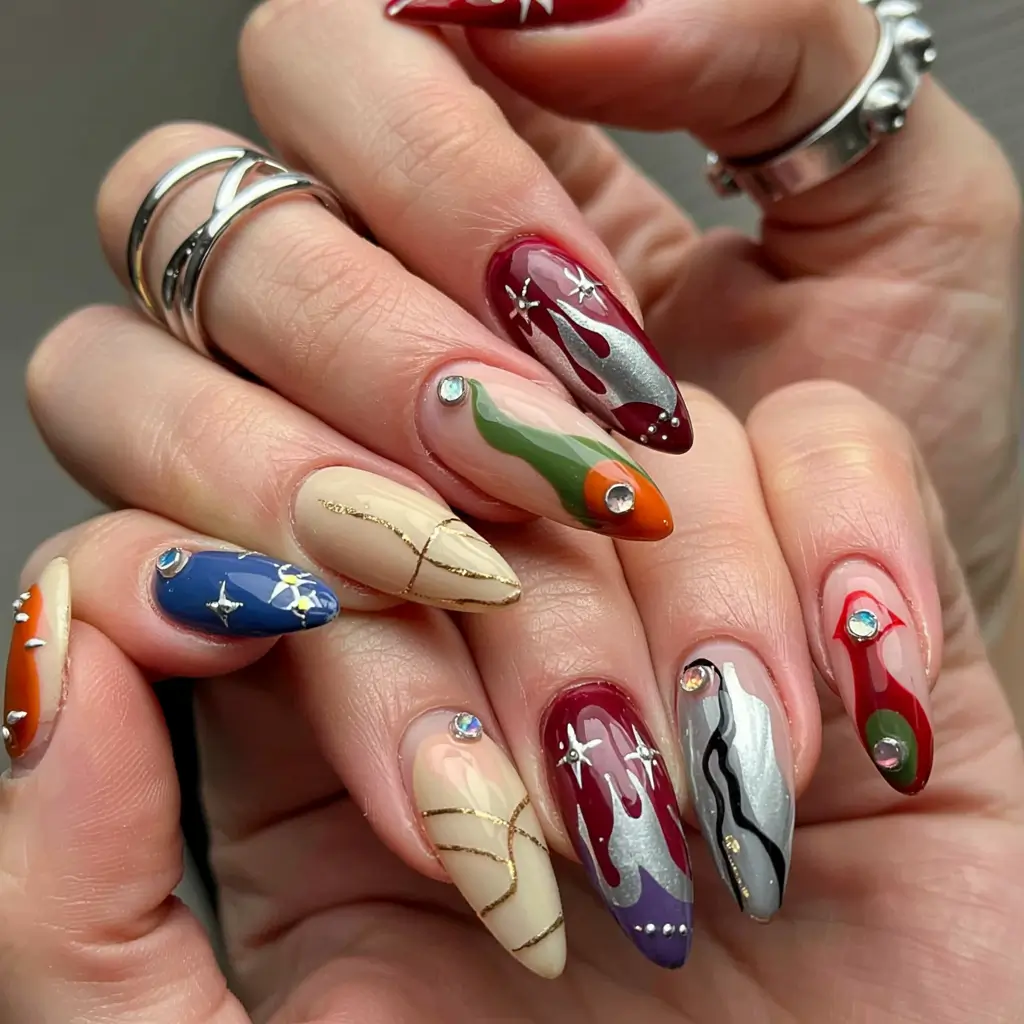 fall 3d nail art 2025 Eclectic Flames & Cosmic Colors