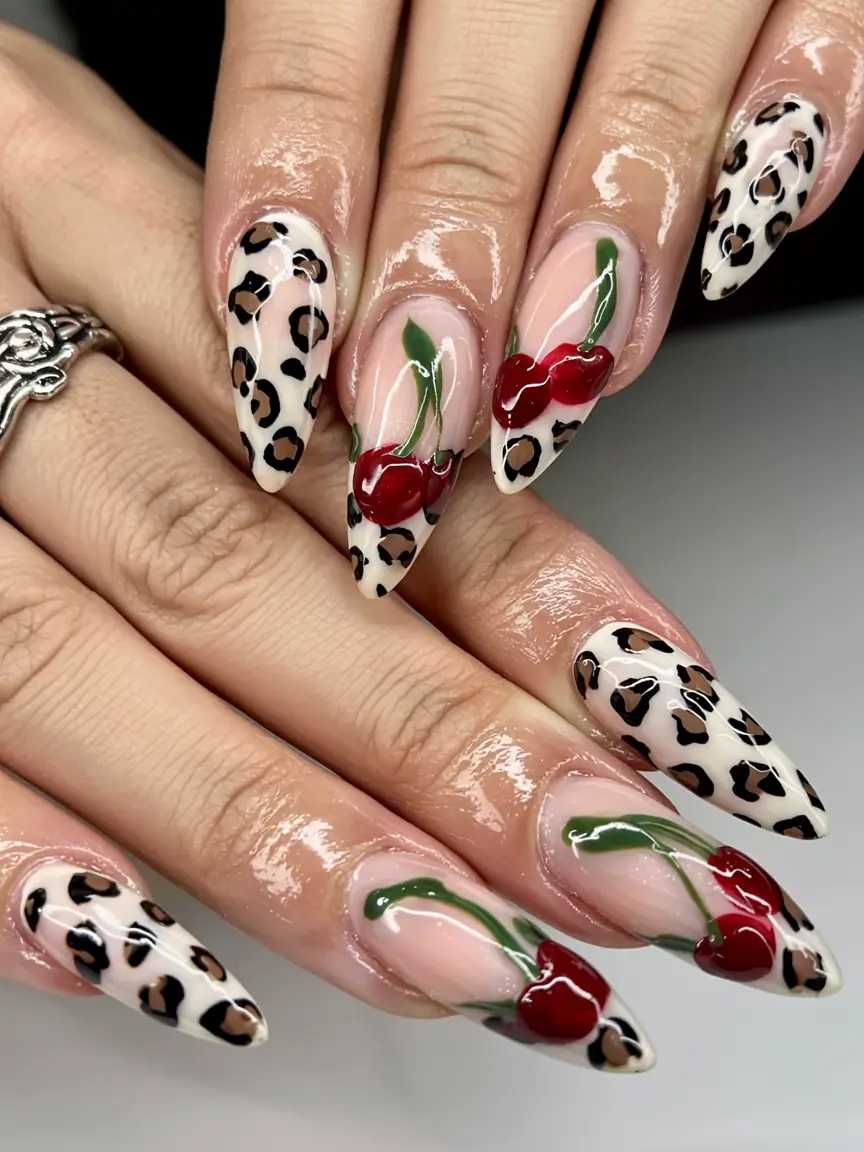 fall 3d nail art 2025 Leopard Print & Cherry Pop