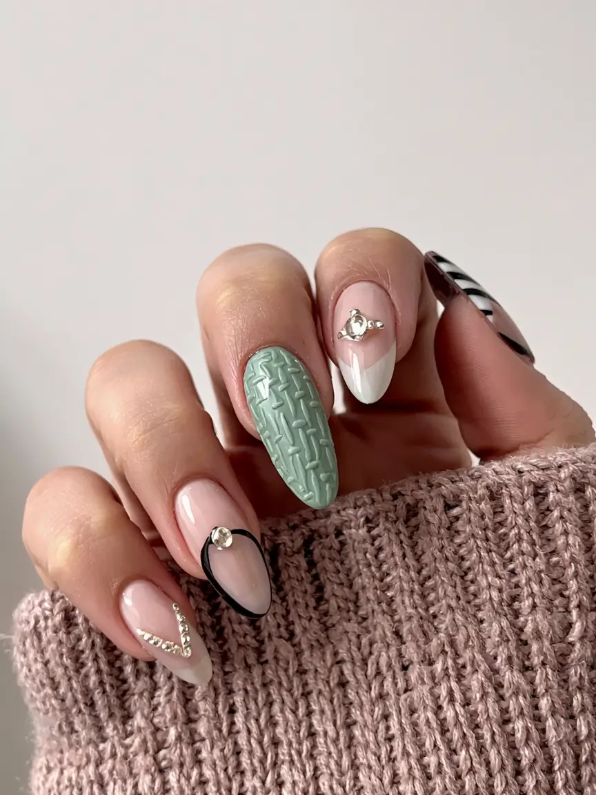 fall 3d nail art 2025 Knitwear Green & Crystal Details