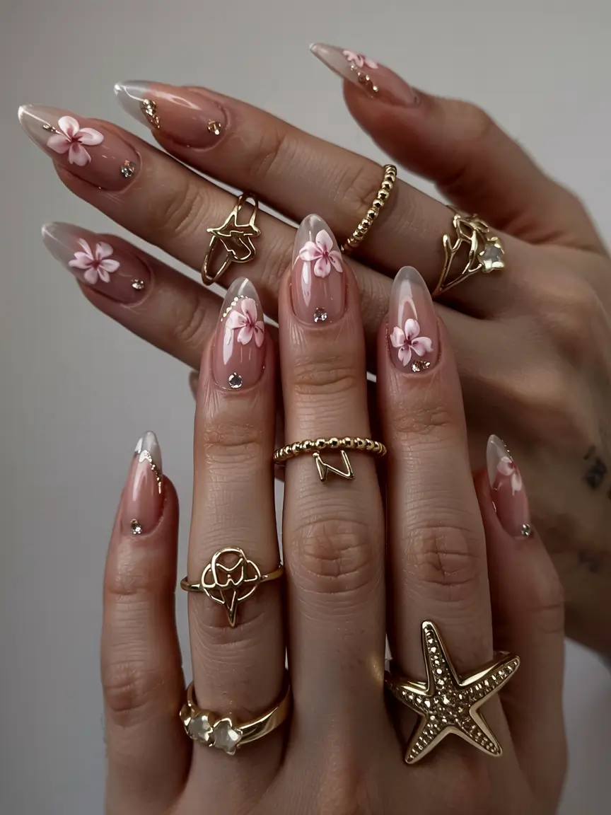 fall 3d nail art 2025 Petals in Soft Blush & Crystal Accents