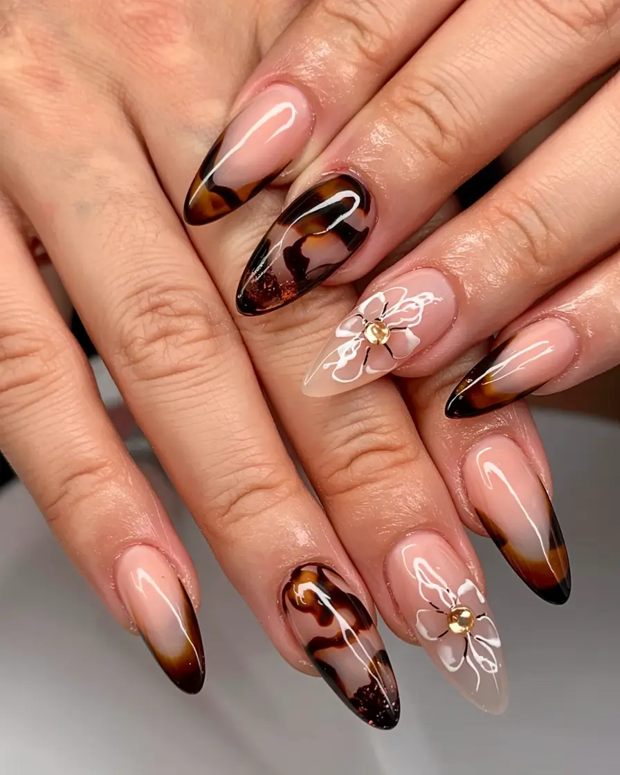 fall 3d nail art 2025 Tortoiseshell Elegance with Floral Overlays