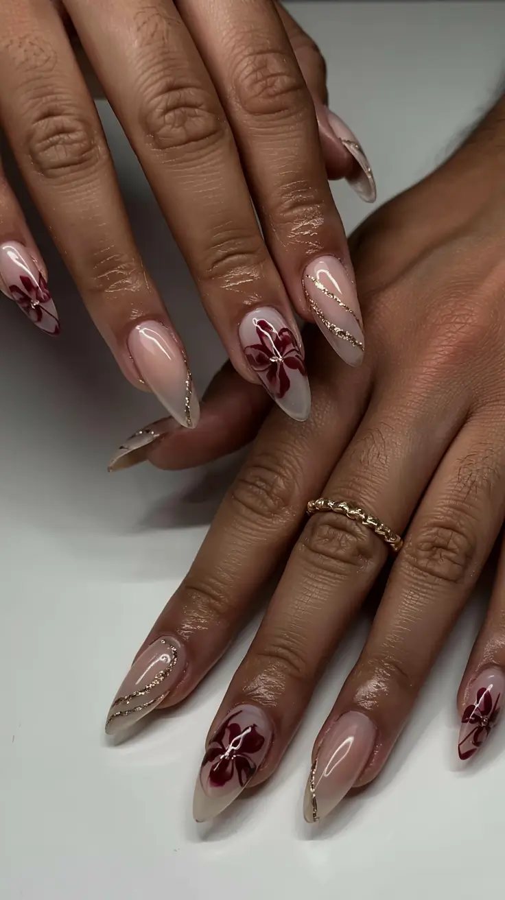 fall 3d nail art 2025 Wine Petals with Gold Threading