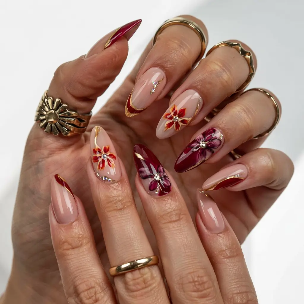 fall 3d nail art 2025 Crimson Florals & Golden Traces