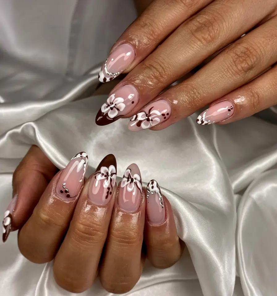 fall 3d nail art 2025 Chocolate Florals with Delicate Dots